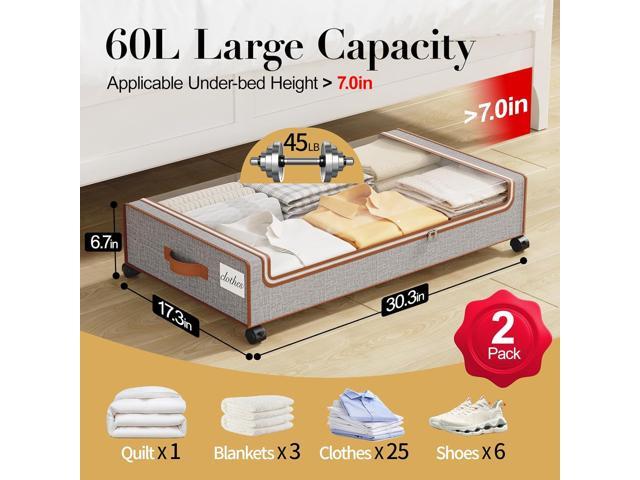 Yecaye Under Bed Storage with Wheels, 2 Pack Under Bed Storage Bins with Clear Lids & Label, XXL Large Lapacity Rolling Under Bed Drawers for...
