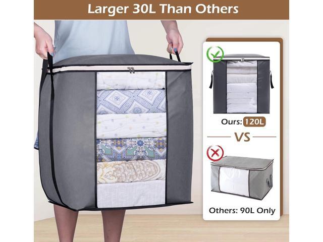 SLEEPING LAMB 120L Extra Large Blanket Storage Bags Breathable Clothes Storage Containers for King Comforter Bedding Pillow Sheet, Grey, 2 Packs
