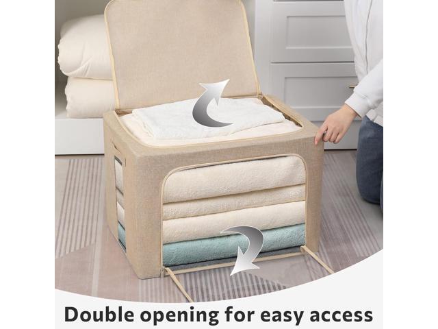 2 Pack Clothes Storage Bins Stackable Metal Frame Storage Box Foldable Linen Fabric Box Organizer with Carrying Handles and Clear Window (Beige,...