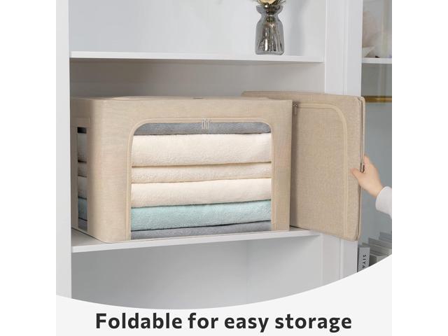 2 Pack Clothes Storage Bins Stackable Metal Frame Storage Box Foldable Linen Fabric Box Organizer with Carrying Handles and Clear Window (Beige,...