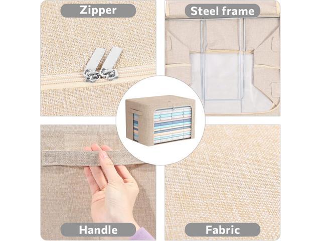 2 Pack Clothes Storage Bins Stackable Metal Frame Storage Box Foldable Linen Fabric Box Organizer with Carrying Handles and Clear Window (Beige,...