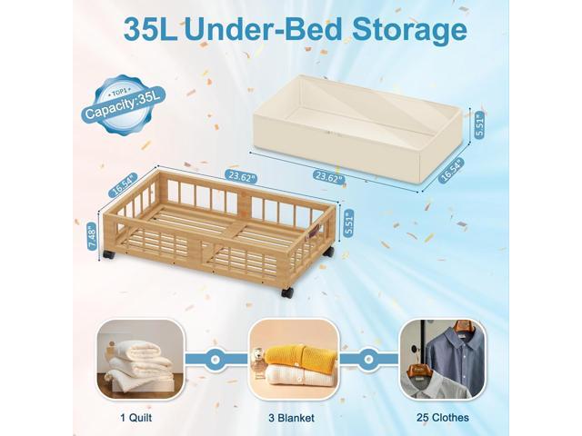 efluky 2-Pack Bamboo Under Bed Storage Containers with Wheels, Under Bed Clothes Storage Basket with Large Dust Bag, Rolling UnderBed Storage for...