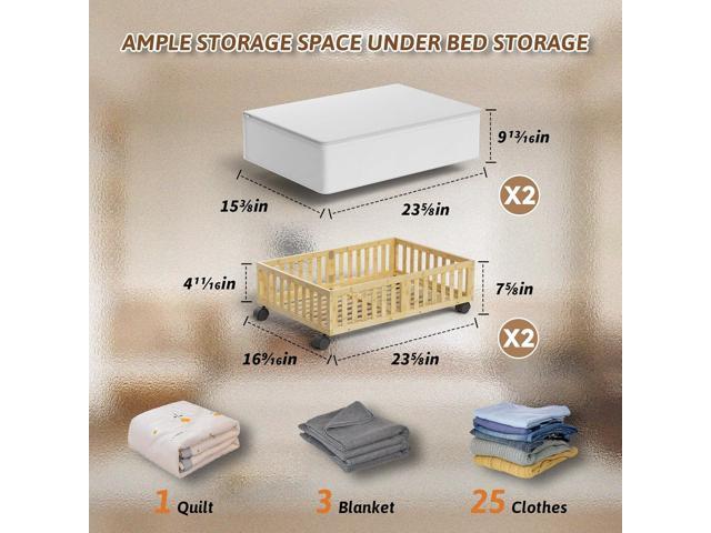 Bamboo Under Bed Storage Containers with Wheels, 2 Pack Under the Bed Shoe Storage Bins, Wood Rolling Underbed Drawers with Bag Organizer for...