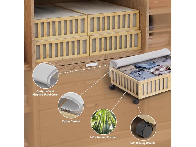 Bamboo Under Bed Storage Containers with Wheels, 2 Pack Under the Bed Shoe Storage Bins, Wood Rolling Underbed Drawers with Bag Organizer for...