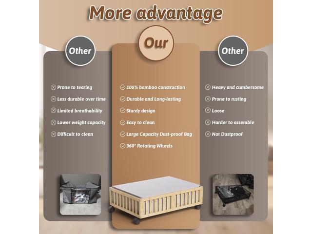 Bamboo Under Bed Storage Containers with Wheels, 2 Pack Under the Bed Shoe Storage Bins, Wood Rolling Underbed Drawers with Bag Organizer for...