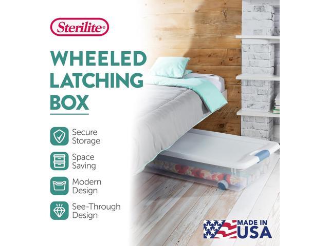 Sterilite 56 Qt Wheeled Latching Storage Box, Stackable Bin with Latch Lid, Plastic Container to Organize Shoes Underbed, Clear with White Lid, 4-Pack
