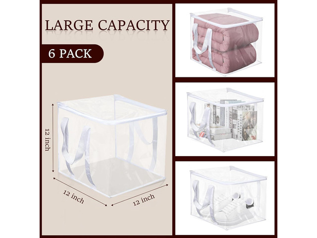 6 Pcs Clear Storage Bags With Zipper 12 × 12 × 12 inch PVC Clear Clothes Storage Bags with Reinforced Handles Moving Bag with Zippers for Clothes,...