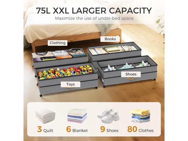 Under Bed Storage with Wheels 2-Pack, 75L XXL Under the Bed Storage Containers Large, 12' Tall Adjustable Storage for Underbed with Lids, Rolling...
