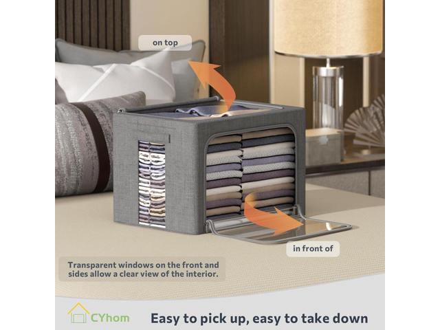 Clothes Storage Bins Box - Linen Fabric Foldable Stackable Container Organizer Set with Clear Window & Carry Handles & Metal Frame - 2Pack Large...