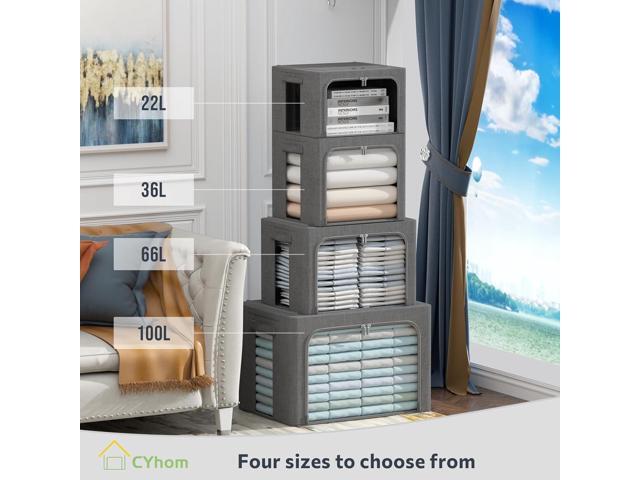 Clothes Storage Bins Box - Linen Fabric Foldable Stackable Container Organizer Set with Clear Window & Carry Handles & Metal Frame - 2Pack Large...