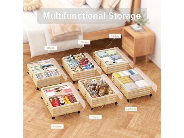Under Bed Storage Containers With Wheels - 2 Pcs Bamboo Wood Rolling Underbed Shoe Storage Bins With Dust Bags for Clothes Blankets, Duvet Covers...