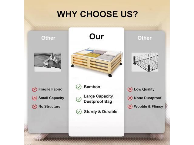 Under Bed Storage Containers With Wheels - 2 Pcs Bamboo Wood Rolling Underbed Shoe Storage Bins With Dust Bags for Clothes Blankets, Duvet Covers...