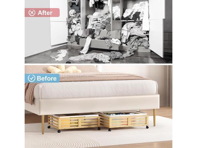 Under Bed Storage Containers With Wheels - 2 Pcs Bamboo Wood Rolling Underbed Shoe Storage Bins With Dust Bags for Clothes Blankets, Duvet Covers...