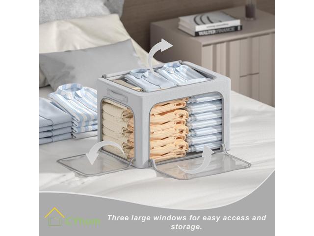 3 Openings Clothes Storage Bins Box - 3Pack Stackable Foldable Storage Bin - Metal Frame Storage Box Clothing Storage Organizer with Clear Window,...