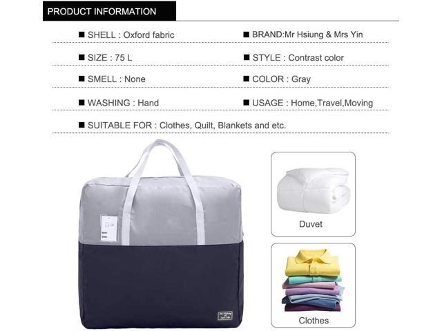 75L Large Zipper Comforter Storage Bag, Folding Blanket Storage Bag with Reinforced Handle, Under-Bed Storage for Bedding, Clothes, Pillows, Grey