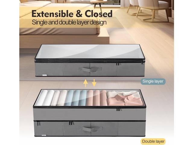 Large Under Bed Storage Containers, 2-Pack Double Layer Underbed Storage Bins with 3 Handles, 70L Extensible/Closed Clothes Storage Organizer with...