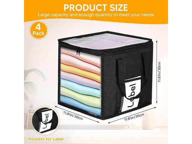 4 Packs Large Toy Storage Bins 12' Clear Zippered Storage Bags with Handles, Transparent PVC Storage Bags, Foldable Cube Storage Organizer for...