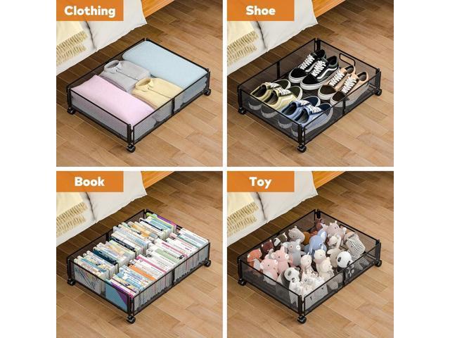 Under Bed Storage with Wheels, Rolling Under Bed Storage Bins for Shoes Clothes, Foldable and Easy Mobility (4 Pack, Black)