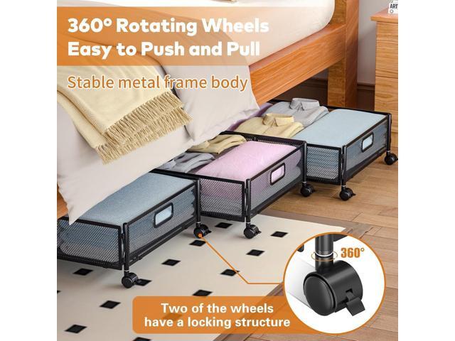 Under Bed Storage with Wheels, Rolling Under Bed Storage Bins for Shoes Clothes, Foldable and Easy Mobility (4 Pack, Black)