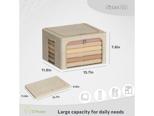 Clothes Storage Bins Box - Linen Fabric Foldable Stackable Container Organizer Set with Clear Window & Carry Handles & Metal Frame - 2Pack Large...