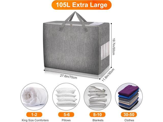 3 Pack 105L Comforter Storage Bags, Extra Large Bedding Storage Bags with Card and Clear Window, Reinforced Handles & Zippers, Foldable Closet...