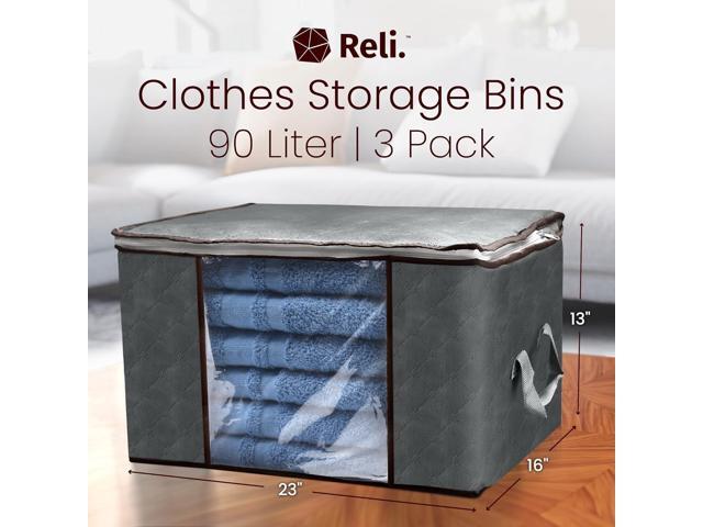 Reli. 90L Large Clothes Storage Bags (3 Pack) Closet Organizers, Storage Containers Large Clothing Bags with Handles for Towels, Comforters,...