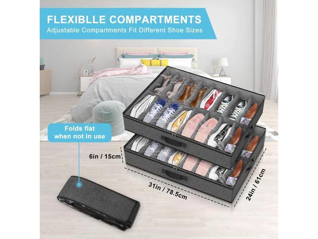 2 Pack Under Bed Shoe Storage Organizer for Closet, Fits Total 32 Pairs Foldable Underbed Shoes Containers Boxes Under the Bed Storage Bedding with...