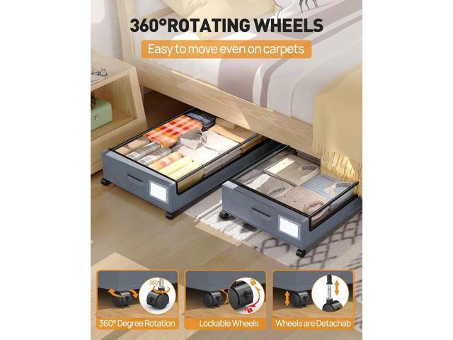 Under Bed Storage With Wheels, 2 Pack Square Containers, 60L Bins, Rolling Metal Drawer for Clothes, Blankets, Shoes