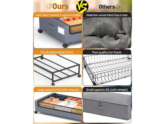 Under Bed Storage With Wheels, 2 Pack Square Containers, 60L Bins, Rolling Metal Drawer for Clothes, Blankets, Shoes
