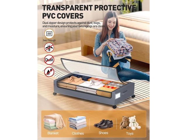 Under Bed Storage With Wheels, 2 Pack Square Containers, 60L Bins, Rolling Metal Drawer for Clothes, Blankets, Shoes