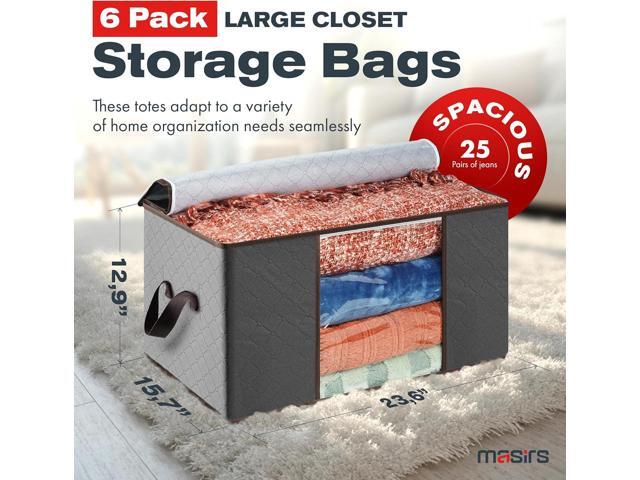 Masirs Storage Bags For Clothes - 6-Pack Collapsible Organizers for Blankets, Bedding & Clothes - Large 90L Zip Bags with Handles - Clear Durable...
