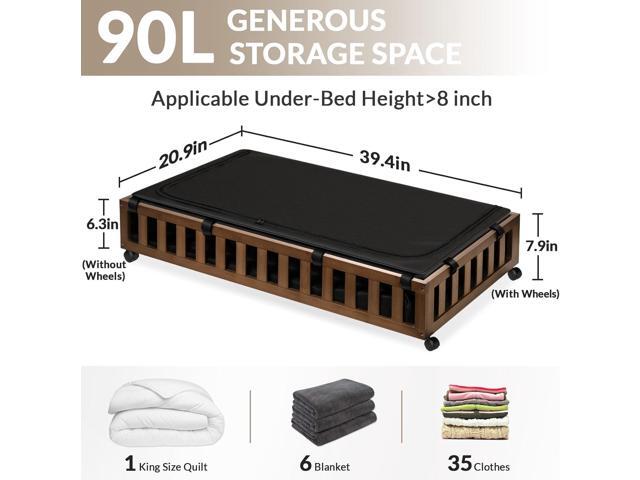 2 Pack Bamboo Under Bed Storage with Wheels, 39x20x7.8 Lager Under Bed Storage Containers (Brown)