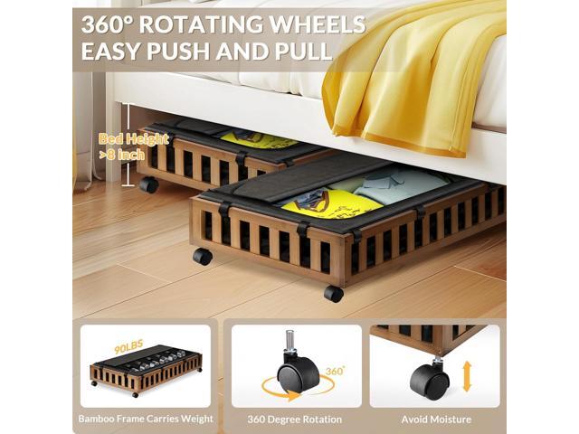 2 Pack Bamboo Under Bed Storage with Wheels, 39x20x7.8 Lager Under Bed Storage Containers (Brown)