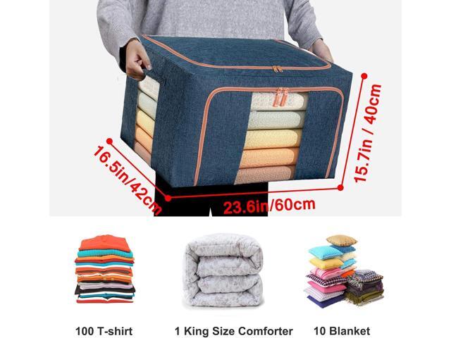 Large Capacity Clothes Storage Bags,Stackable Storage Organizer with Foldable Metal Frame, Zipper, Handles, Clear Window, Navy, 3 Pack)