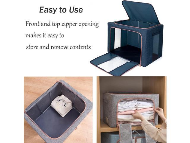 Large Capacity Clothes Storage Bags,Stackable Storage Organizer with Foldable Metal Frame, Zipper, Handles, Clear Window, Navy, 3 Pack)