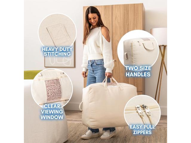Soft Canvas Storage Bags with Zipper. Thick Breathable, 2pc King/Queen Comforter Organizer. Four Carrying Handles and Window. Large 25x19x9in Bag...