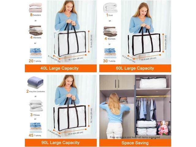Vieshful 3 Pack 40L+60L+90L Clear Clothes Storage Bag, Zippered Closet Organizer, Plastic Storage Containers Moving bags for Comforter, Blanket,...