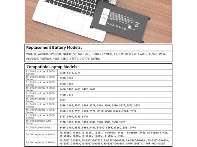 42Wh WDX0R Laptop Battery Replacement for Dell Inspiron 15 13 5000 7000 Series 5568 5567 5570 7579 7378 5567 7573 5565 5379 5378 Latitude 3180 3380...