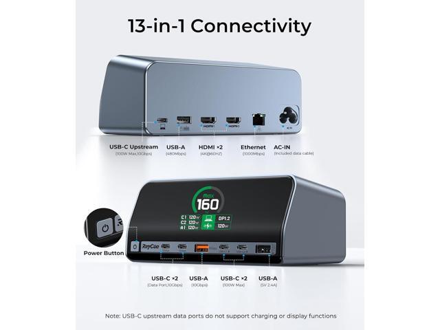 RayCue USB C Docking Station, 13-Port Dual 4K Display Laptop Docking Station with 160w Max USB-C Output, 2.26''LCD Smart Display, 10Gbps USB A/C...