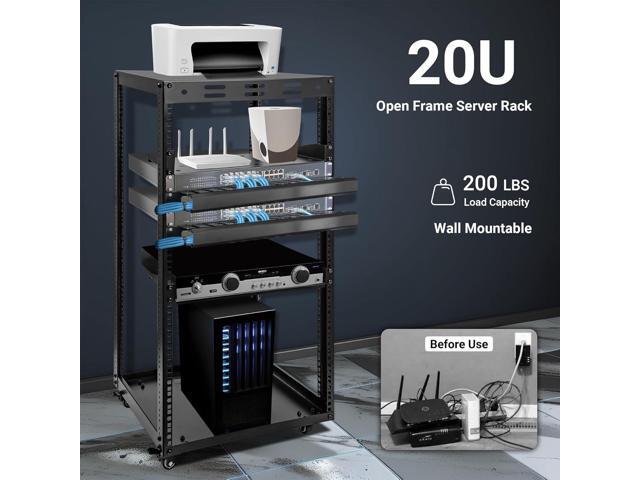 20U Server Rack w/ 2 Racks, Versatile Open Frame IT Rack - Wall-Mount, Rotate and Push w/Ease, AV Rack w/Top & Bottom Panels, Hook and Loop Straps...