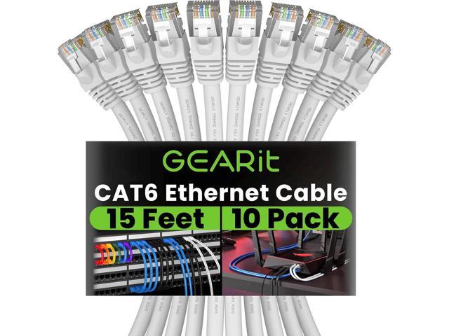 GEARit Cat 6 Ethernet Cable (10-Pack 15 Feet) Cat6 Network Patch, 10Gbps, RJ45, Snagless Cord, Gold-Plated Connectors, Internet for PC, TV, Tablet,...