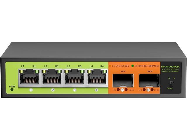 6 Port 2.5Gb Network Switch, 4x2.5G RJ45, 2x10G SFP+, Muti-gigabit, Unmanaged, Metal Case, 60G Bandwidth, Fanless, Compatible with 2.5gbe NAS, PC, AP