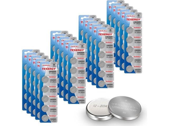 Tenergy 3V CR2025 Batteries, Lithium Button Coin Cell 2025 Battery, for Key FOBs & Other Devices, 100 Count