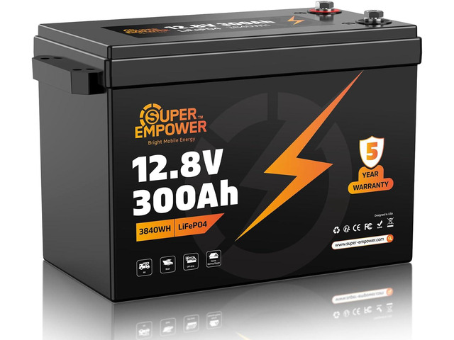 12V 300Ah LiFePO4 Lithium Battery, Deep Cycle RV LiFePO4 Battery with Low-Temp Protection, 200A BMS, 3840Wh, Max.15000 Cycles, 10-Year Lifespan for...