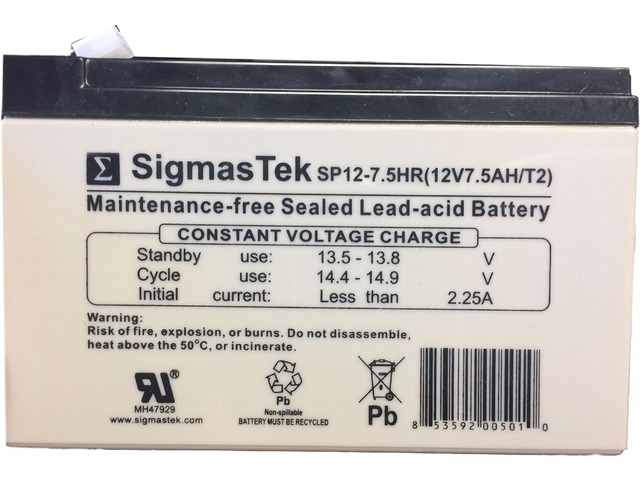 SigmasTek SP12-7.5HR - 12V 7.5AH F2 SLA Battery - Replaces: UB1270-F2, UB1280-F2 (D5779), APC CURK2, SC420, SUVS420, SU420NET, SU360SX, CP36U52,...