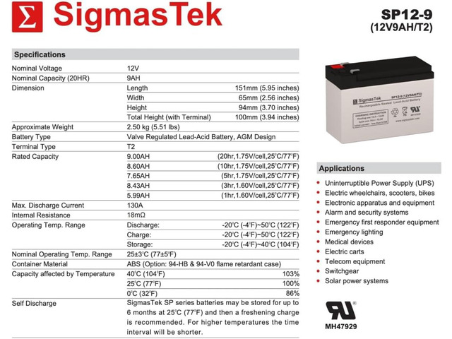 SigmasTek Universal Power UB1290 (40748) and UB1280HR (D5785) SP12-9 (T2) Compatible Battery Pack of 3, 12V 9Ah F2