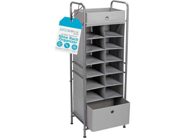 BIRDROCK HOME 12 Cubby Vertical Shoe Rack Organizer with Large Drawer - Grey - Free Standing Tower for Closet - Sturdy Metal Frame - Space Saver -...