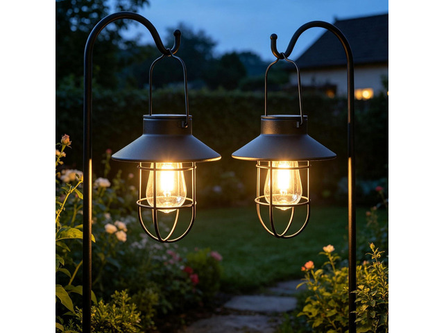 Solar Lantern 2pack Outdoor Hanging Light- Waterproof Vintage Metal Light with Shepherd Hook Decorative for Patio, Backyard, Porch, Yard (Black)