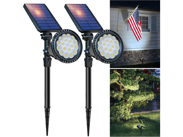 DBF Solar Spot Lights Outdoor Waterproof IP65, Cool White, 600LM High Bright, 2 Brightness Modes, 18 LED, Auto On/Off, Angel Adjustable for Flag...