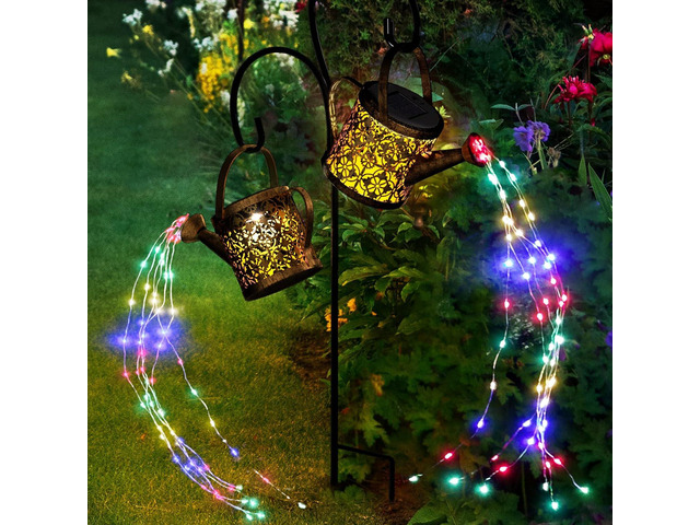 MEREAR Solar Watering Can Lights Outdoor with 8 Multi-Color Changing Modes, IP65 Waterproof Landscape Light Garden Decor, One Pole Two Lights...